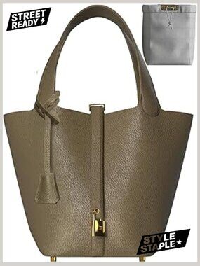 Premium Leather Mini Bucket Tote Handbag with Lock Accent